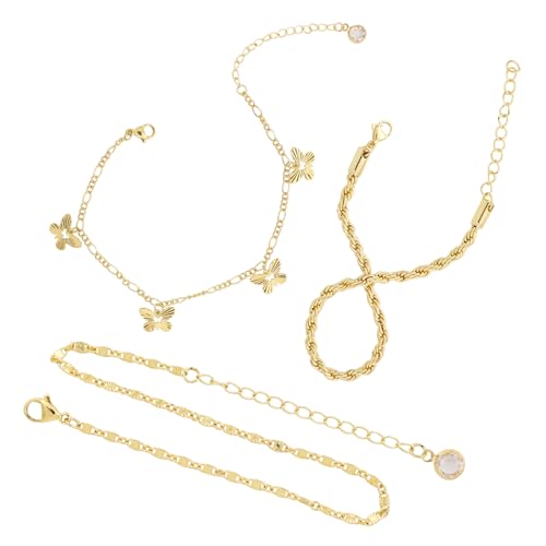 Mikovivi Gold Beschichtung Fußkettchen für Damen, 3-Strang Fußkettchen Wasserdicht Cuban Link Fischgrätenkette & Schmetterlingsanhänger Fußkettchen-Set Modischer Sommerschmuck Strandgeschenk von Mikovivi