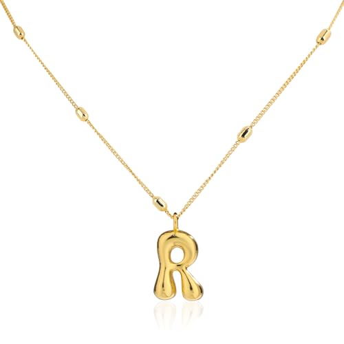 Mikovivi Gold Blasenbuchstaben-Halskette, Zierlich Halskette mit Initialen-Anhänger mit Perlenkette Trendig Halskette mit Alphabet-Charm Schmuckgeschenke für Frauen Geburtstag Jahrestag Festival (R) von Mikovivi