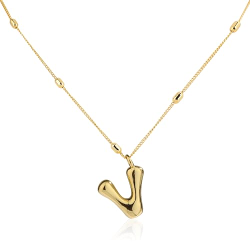 Mikovivi Gold Blasenbuchstaben-Halskette, Zierlich Halskette mit Initialen-Anhänger mit Perlenkette Trendig Halskette mit Alphabet-Charm Schmuckgeschenke für Frauen Geburtstag Jahrestag Festival (V) von Mikovivi
