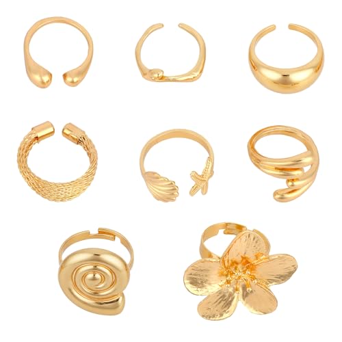 Mikovivi Goldene Breite Strandringe für Damen, Anlaufbeständige Verstellbare Blumen- und Muschel-Ringe Statement Stapelbarer Boho-Schmuck für Strand Accessoires Sommerparty Urlaub von Mikovivi