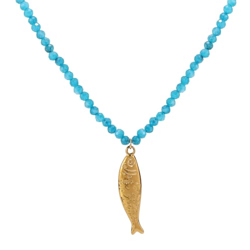 Mikovivi Goldfisch Halskette für Frauen, Verstellbare Blaue Kristallperlenkette mit Sardinenanhänger Wasserfester Boho Sommer Strandschmuck von Mikovivi