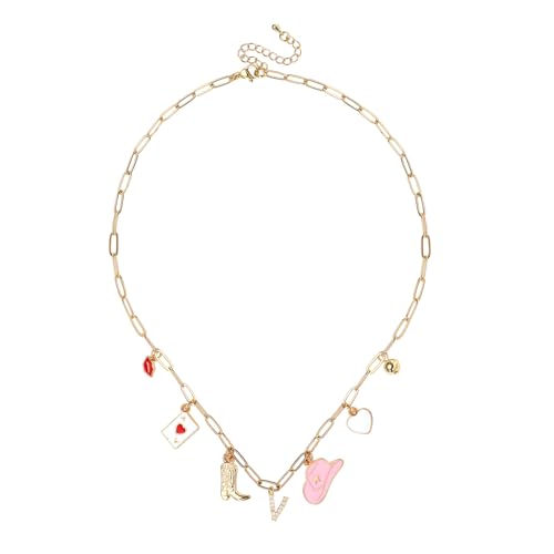 Mikovivi Halskette mit Initialenanhänger Gold für Damen, Western-Cowgirl Halskette mit Buchstabenanhänger Cowboystiefel Hut Trendige Halskette mit Büroklammerkette Schmuckgeschenk (V) von Mikovivi