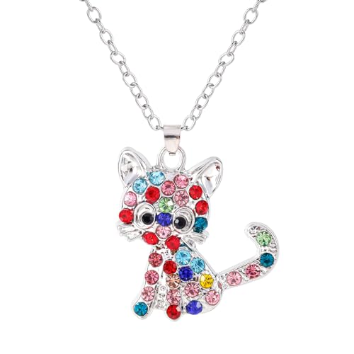 Mikovivi Halskette mit Katzenanhänger, 45+5,1cm Verlängerungskette Süß Klein Katzen Strass Halskette Funkelnd Katzen Schmuck Katzen Halskette für Frauen Geschenke (Farbig) von Mikovivi
