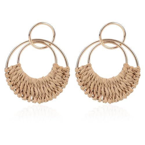 Mikovivi Handmade Straw Hoop Earrings für Frauen, Große Runde Boho Ohrringe Stroh Funny Rattan Style Handgeflochtene Tropische Bohème Schmuck für Party Sommer Strand Urlaub von Mikovivi