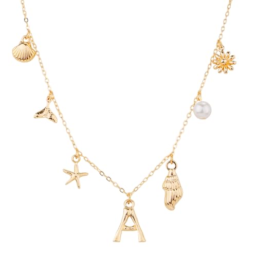 Mikovivi Initialen-Charm-Halskette für Frauen, Gold Muschel-Buchstaben-Halsketten Muschel Seestern A-Z Alphabet Anhänger Halskette Boho Sommer Strandschmuck Geschenk für Mädchen Teenager (A) von Mikovivi