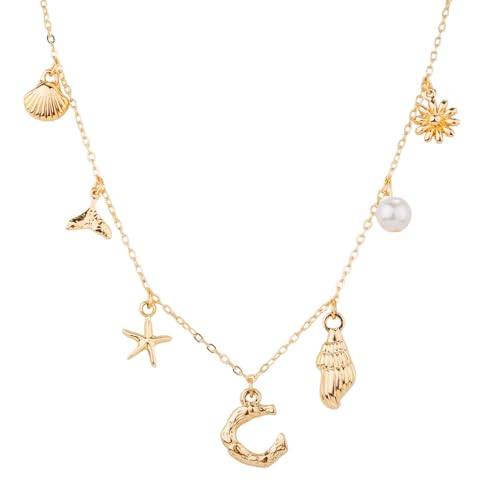 Mikovivi Initialen-Charm-Halskette für Frauen, Gold Muschel-Buchstaben-Halsketten Muschel Seestern A-Z Alphabet Anhänger Halskette Boho Sommer Strandschmuck Geschenk für Mädchen Teenager (C) von Mikovivi