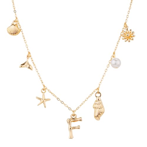 Mikovivi Initialen-Charm-Halskette für Frauen, Gold Muschel-Buchstaben-Halsketten Muschel Seestern A-Z Alphabet Anhänger Halskette Boho Sommer Strandschmuck Geschenk für Mädchen Teenager (F) von Mikovivi