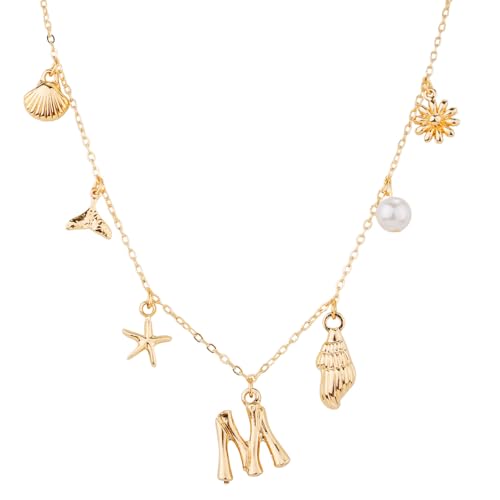 Mikovivi Initialen-Charm-Halskette für Frauen, Gold Muschel-Buchstaben-Halsketten Muschel Seestern A-Z Alphabet Anhänger Halskette Boho Sommer Strandschmuck Geschenk für Mädchen Teenager (M) von Mikovivi