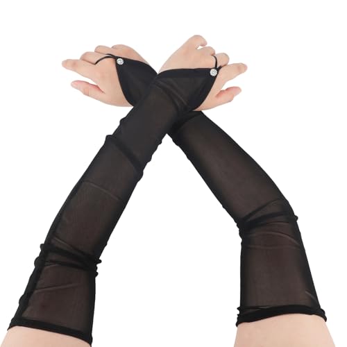 Mikovivi Lange Fingerlose, Durchsichtige Netzhandschuhe für Damen Schwarze Dehnbare Transparente Tüllhandschuhe für Hochzeit Braut Oper Formelle Party Halloween Kostümzubehör von Mikovivi