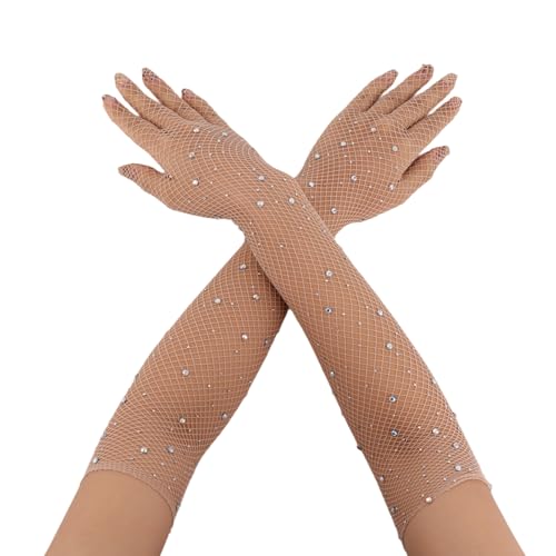 Mikovivi Lange Netzhandschuhe Strasssteinen, 45cm Netz Armstulpen Ellenbogenlänge mesh handschuhe glitzernde Armstulpen Kostüm Accessoire für Damen Mädchen Abendparty Abschlussball (Kamel) von Mikovivi