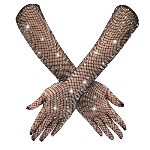 Mikovivi Lange Netzhandschuhe Strasssteinen, Netz Armstulpen Ellenbogenlang Mesh Handschuhe Glitzernd Armstulpen Kostümzubehör für Frauen Mädchen Abendparty Abschlussball (Schwarz) von Mikovivi