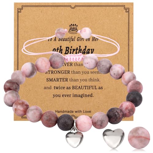 Mikovivi Naturstein Armband Damen, Verstellbares Armband mit Herzanhänger Perlenschmuck Geschenk zum 9. Geburtstag mit Karte für die Geburtstagsparty (Pink) von Mikovivi