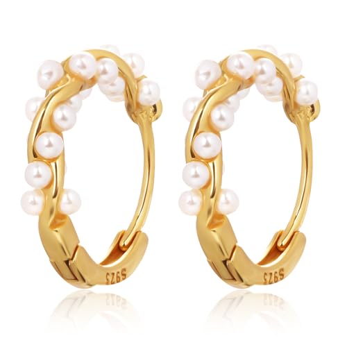 Perlen Creolen für Damen, S925-Sterlingsilber Gedreht Huggie-Creolen kleine Perle Statement Creolen Mode Charm Schmuck Geschenk für Frauen Mädchen Hochzeit Braut (Gold) von Mikovivi