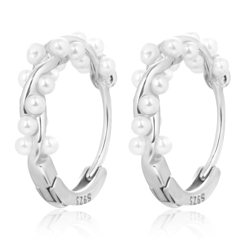 Perlen Creolen für Damen, S925-Sterlingsilber Gedreht Huggie-Creolen kleine Perle Statement Creolen Mode Charm Schmuck Geschenk für Frauen Mädchen Hochzeit Braut (Silber) von Mikovivi