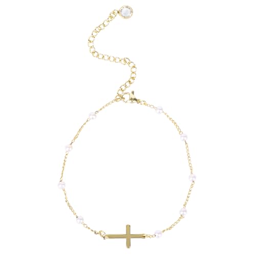 Mikovivi Perlen Fußkettchen Kreuz für Damen, Verstellbare Wasserdichte Goldene Fußkettchen mit Perle Zierliche mit Perlenkette Schmuckaccessoires für Damen im Sommer Strand von Mikovivi