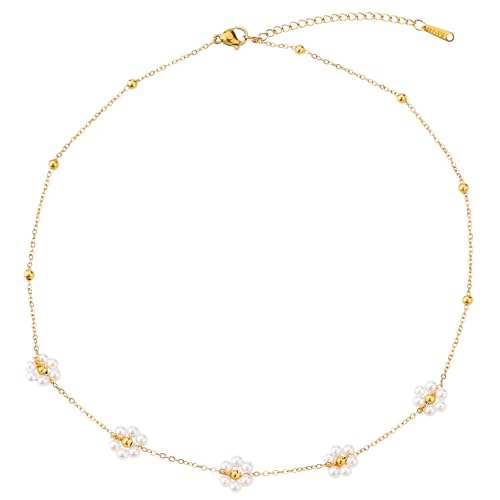 Mikovivi Perlenkette Gänseblümchen, Schlicht Halskette Gänseblümchen Zierlich Perlen Blumen Kette 5 Gänseblümchen Sommertrend Goldene Halskette Schmuckgeschenk für Damen von Mikovivi