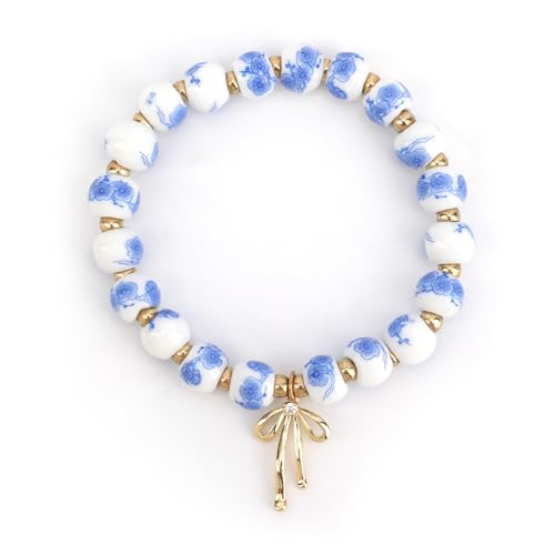 Mikovivi Pflaumenblüten Perlenarmband, Vintage Charm Armband mit Blau Weißen Blumenschleifen Zarte Handgemachte Porzellanperlen Handgelenkschmuck für Frauen Romantisches Schmuckgeschenk von Mikovivi