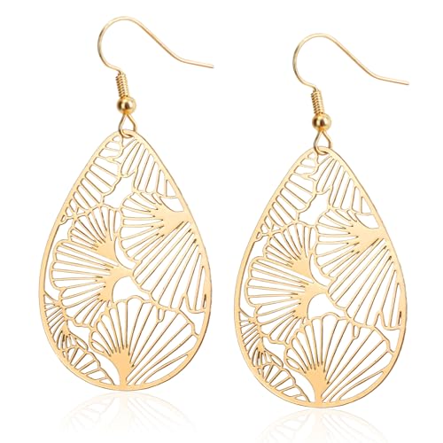 Mikovivi Tropfenohrringe Gold, Ginkgoblatt Filigran Tropfen Hakenohrringe Statement Modeschmuck für Frauen Schmuckgeschenke Alltagskleidung von Mikovivi