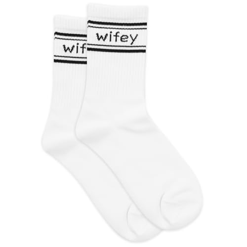 Mikovivi Wifey Socken, Weich Stylisch Brautsocken Flitterwochen Essentials Weiß mit Schwarzem Text Andenken für Frauen Jahrestag Geburtstag Hochzeitsgeschenk von Mikovivi