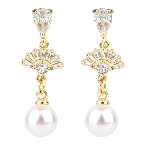 Mikovivi Zarte Perlenohrringe für Frauen, Goldene Hängeohrringe Perlen Brautschmuck Stecker für Bräute Brautjungfern Geschenke Jahrestage Geburtstage Party oder Alltag von Mikovivi
