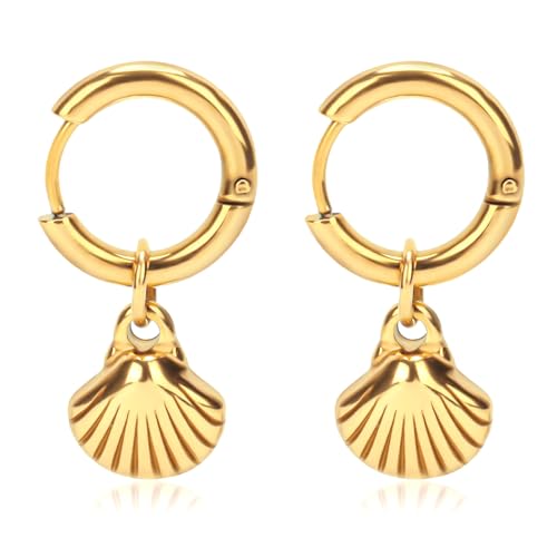 Muschel Ohrringe Damen, Hochwertiger Edelstahl und Vergoldete Muschel Ohrringe Damen Creolen Modischer Schmuck für Frauen Dekorationszubehör(Gold) von Mikovivi