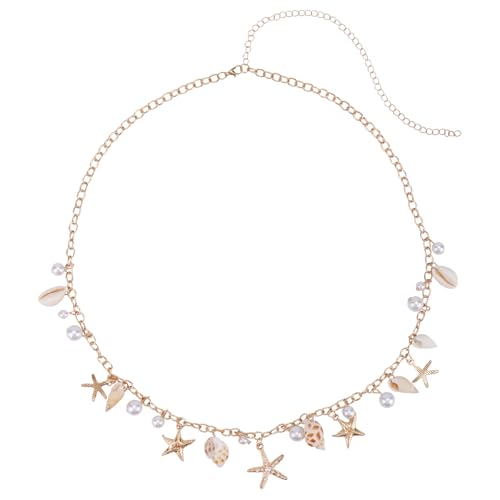 Muschel Seestern Taillenkette für Frauen, Verstellbar Seestern Perle Körperkette Modisch Sommerstrand Bauchschmuck Gold Muschel Gürtel für Badebekleidung & Outfits von Mikovivi