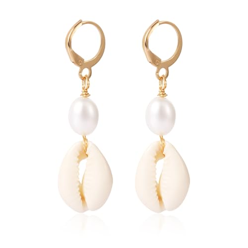 Muschelohrringe, Goldene Muschelohrringe Perlen-Huggie-Ohrringe aus Legierung Perlenohrringe Strandschmuck für Frauen für den Sommer Alltag Schmuck Geschenk von Mikovivi