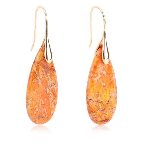 Naturstein Ohrringe, Fishhoop Ohrhänger Trendig Leicht Statement Wassertropfen Naturstein Schmuck Geburtstagsgeschenk für Frauen (Orange, Gold) von Mikovivi