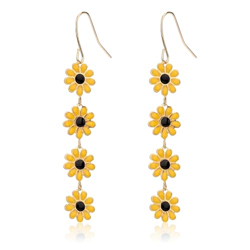 Ohrringe Damen Gänseblümchen, 6,2x1cm Lange Baumelnde Blumenohrringe Gänseblümchen-Sonnenblumen-Ohrringe Baumelnde Gänseblümchen Ohrringe Hakenohrringe für Frauen und Mädchen(Gelb) von Mikovivi