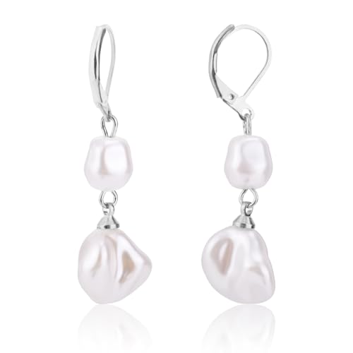 Perlenohrringe, Barockstil Perlenohrhänger Doppelperlenohrringe Unregelmäßige Perlentropfenohrringe für Damen (Silber) von Mikovivi