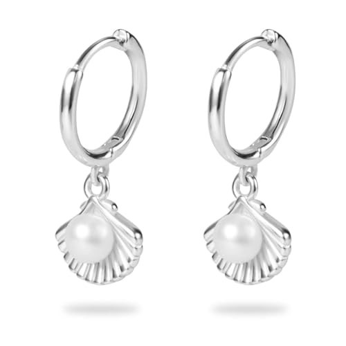 Perlenohrringe, Süß Huggie-Perlenohrringe Zierliche Hängeohrringe Leicht Muschelohrringe Silber Hängeohrringe für Sommer Strand Schmuck Frauen Geschenk (Silber) von Mikovivi