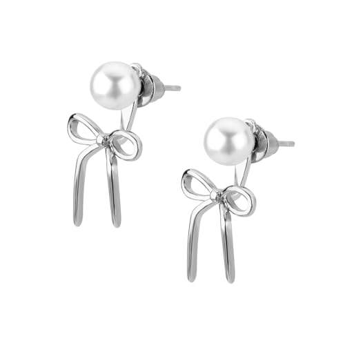 Mikovivi Perlenohrringe mit Schleife, Zierliche Schleifen-Ohrringe Trendig Ohrstecker Perle Statement-Ohrringe Schmuck Geschenke für Frauen Hochzeit Geburtstag (Silber) von Mikovivi