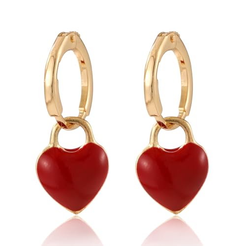 Rote Herz Ohrringe Damen, Klein Süß Liebes Tropfenohrringe Minimalistisch Vintage Creolen mit Herzanhänger Hypoallergen Huggie Creolen Schmuck als Geschenk zum Valentinstag und Geburtstag von Mikovivi