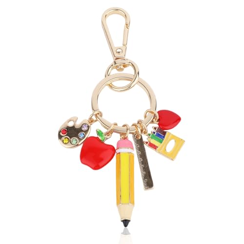 Schlüsselanhänger für Lehrer, Bunte Zinklegierung Süßer Schlüsselanhänger mit Apfel Bleistift Anhänger Lehrerzubehör für Dankesgeschenke von Mikovivi