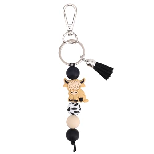 Schlüsselanhänger mit Hochlandrind, Perlen und Quaste Silikon Schlüsselanhänger mit Tiermotiv Süßes Hochlandrind Partygeschenk für Damen Herren Auto und Taschendekoration (Schwarz) von Mikovivi