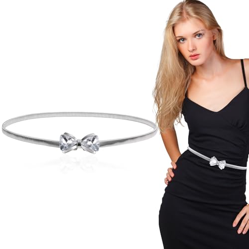 Schmaler Metall-Taillengürtel, Silberner Metallgürtel Stretch Taillengürtel aus Metall mit Schleife Modischer Strassgürtel Silberner Kettengürtel für Damenhemden und Jeans von Mikovivi
