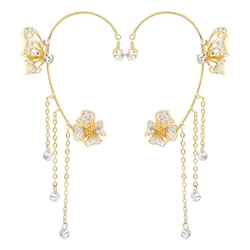 Schmetterlings-Ohrmanschetten, Strass-Blumen-Schmetterlings-Ohrringe mit Quasten Funkelnder Kristall Ohrwickel Schmuckgeschenk für Frauen Mädchen Party Abschlussball-Zubehör (Gold) von Mikovivi