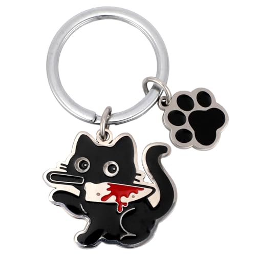 Schwarzer Katzen Schlüsselanhänger, Niedlicher Lustiger Kätzchen Schlüsselbund mit Messer Design Kreatives Tier Keyring Accessoire als Coole Handschmuck Deko für Frauen & Männer von Mikovivi