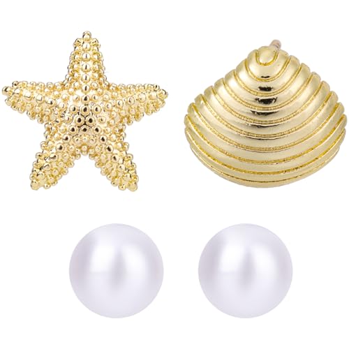 Seestern Ohrringe für Frauen, Gold Muschel Ohrstecker Trendig Sommer Strandschmuck Meeresthema Muschel Ohrstecker mit Perlen für Urlaub von Mikovivi