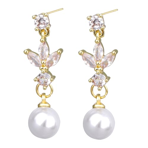 Zarte Perlen Ohrringe mit Anhänger für Damen, Vergoldet CZ Perlen Tropfen Ohrringe mit Zirkonia Hochzeitsschmuck für Braut Jubiläen Ball Party Geschenk von Mikovivi