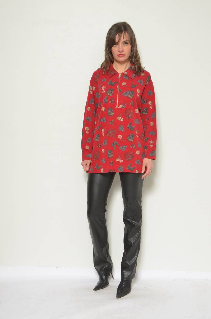 1990Er Jahre Kragen Gedruckt Sweatshirt - Reißverschluss Floral Langarm Oversized Größe L von MikseStudio