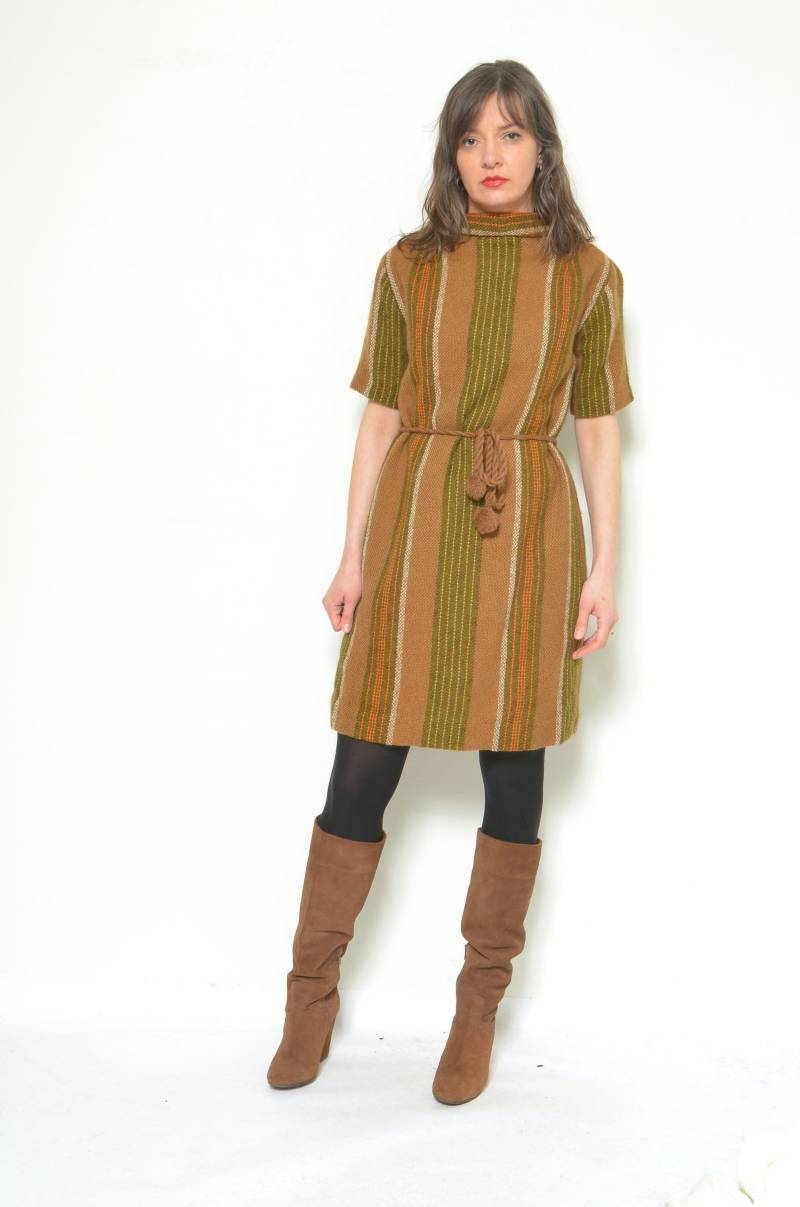 70Er Jahre Gestreiftes Woll Kleid/Vintage Mock Neck Kurzarm Gestreift Gr. S M von MikseStudio