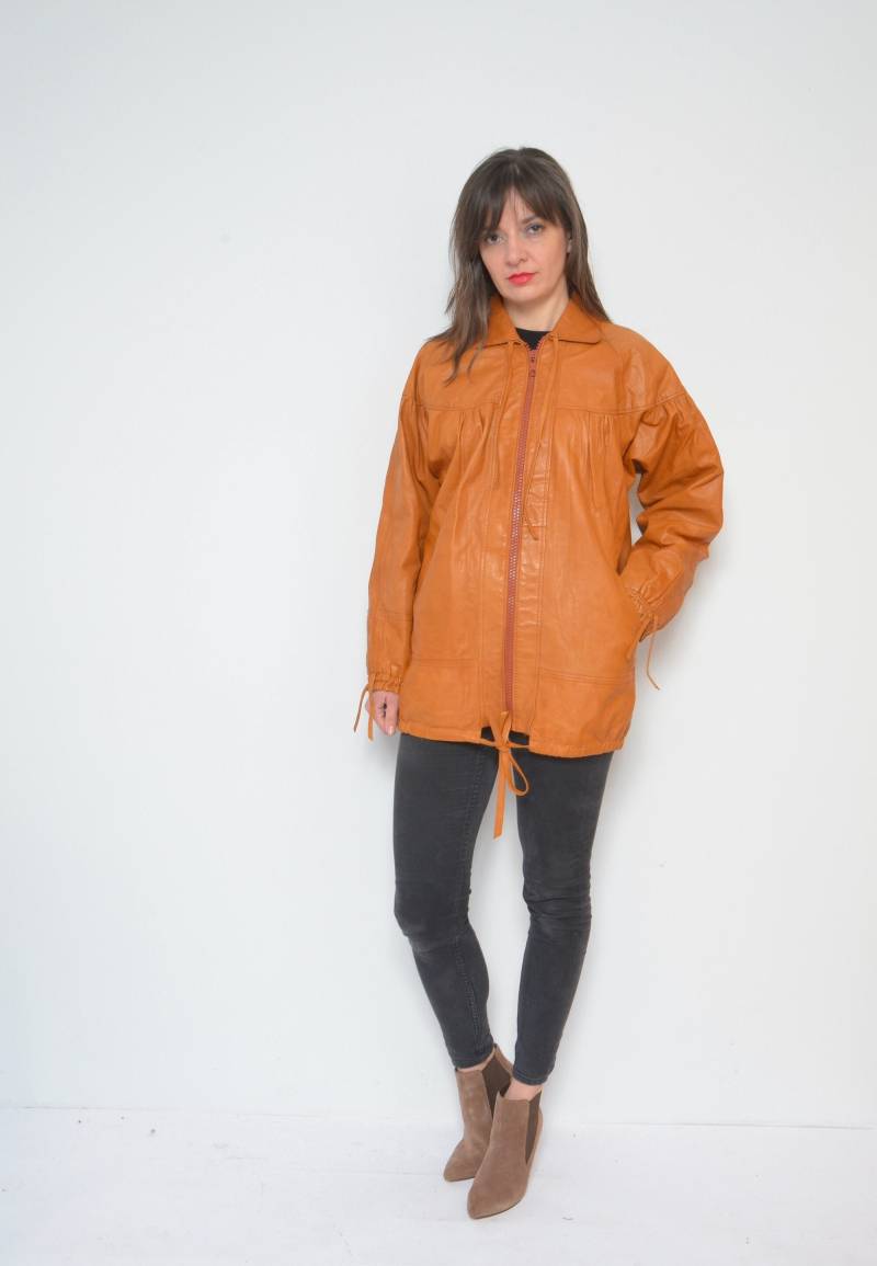 70Er Vintage Braune Lederjacke Oversized Reißverschluss Vorne, Grösse S von MikseStudio