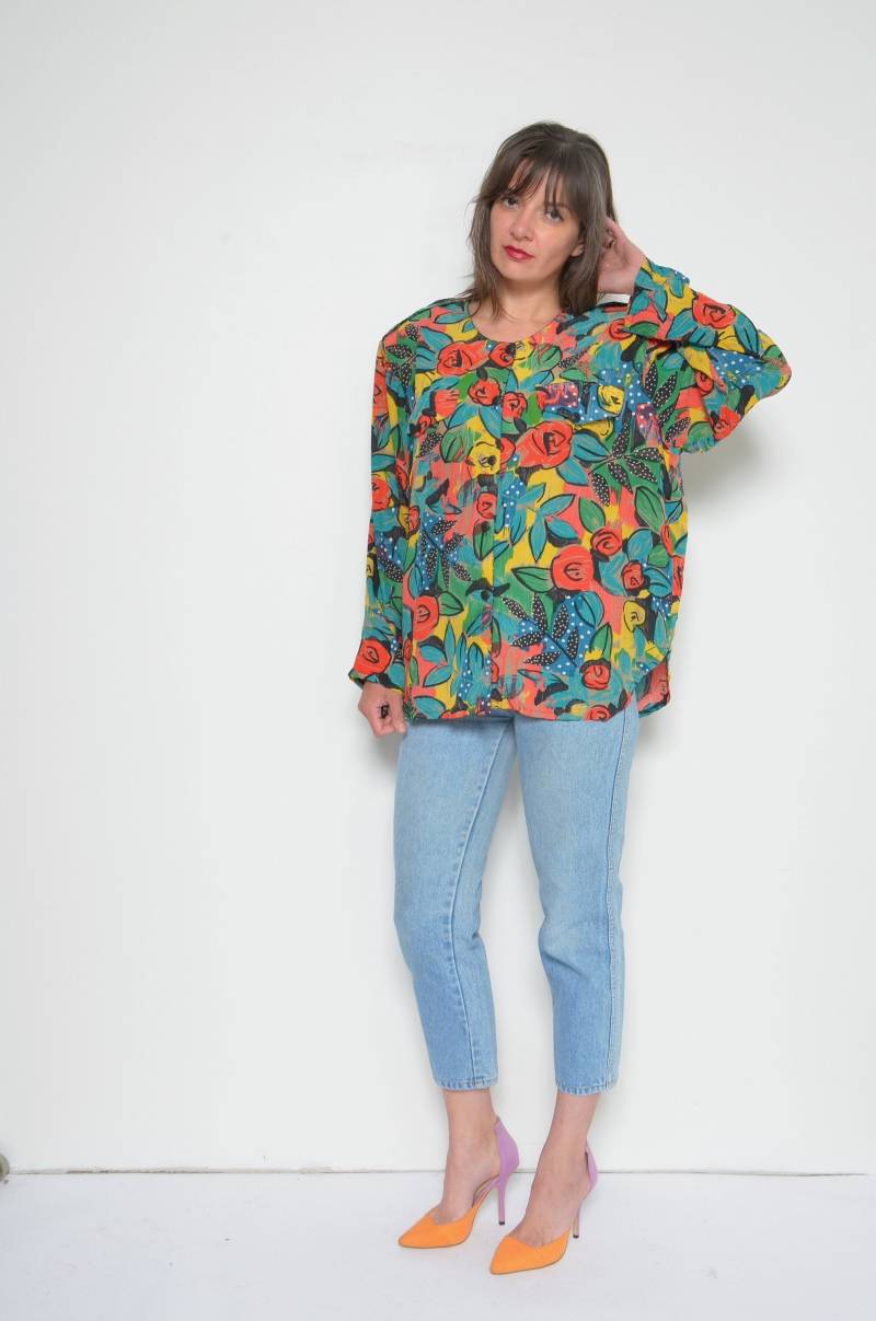 80Er Jahre Floral Button Bluse /Vintage 90Er Buntes Oversized Langarm Shirt - Size Xl von MikseStudio