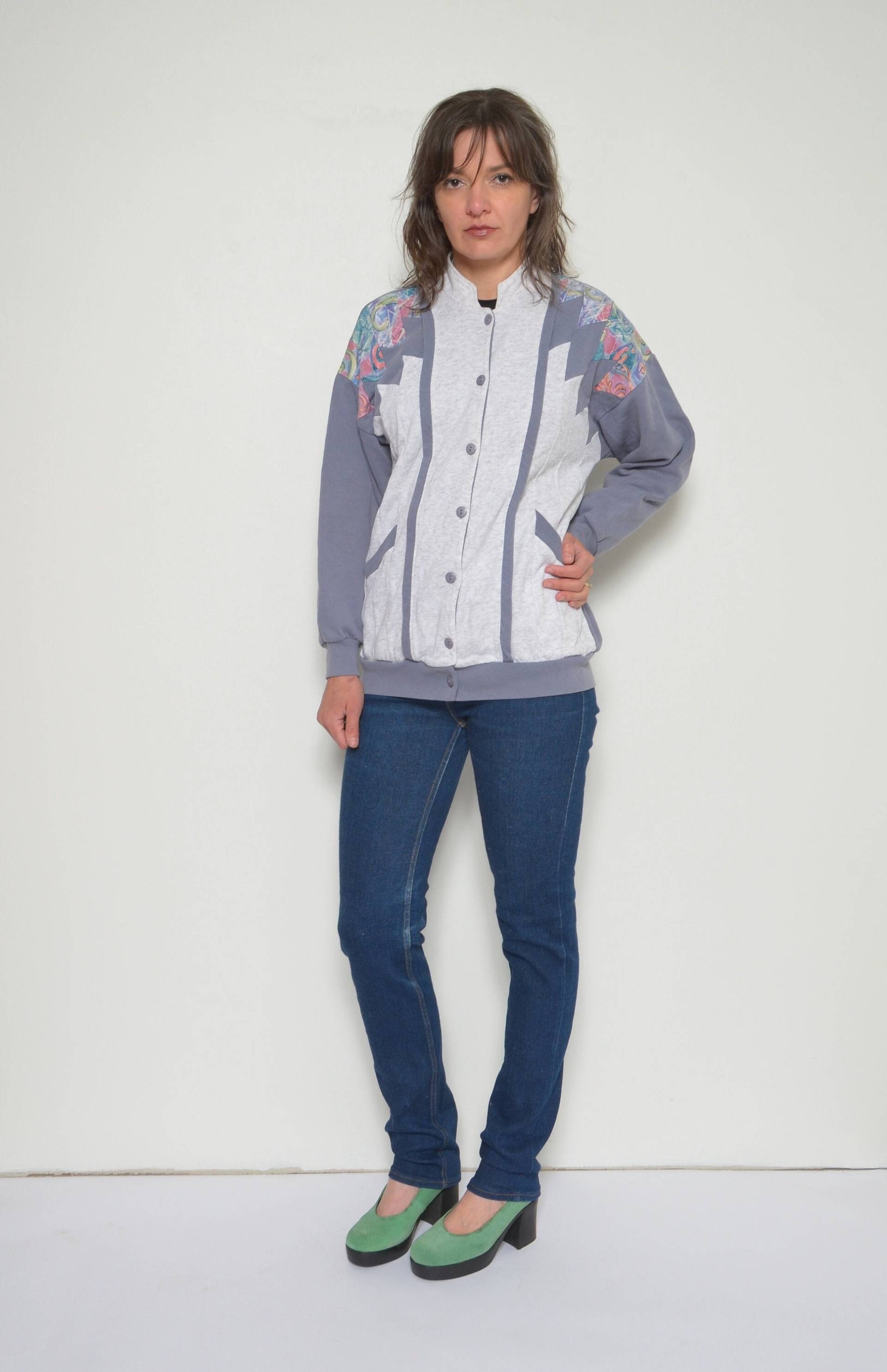 80Er Jahre Patchwork Button Sweatshirt/Langarm Bunter Blazer - Size Medium von MikseStudio