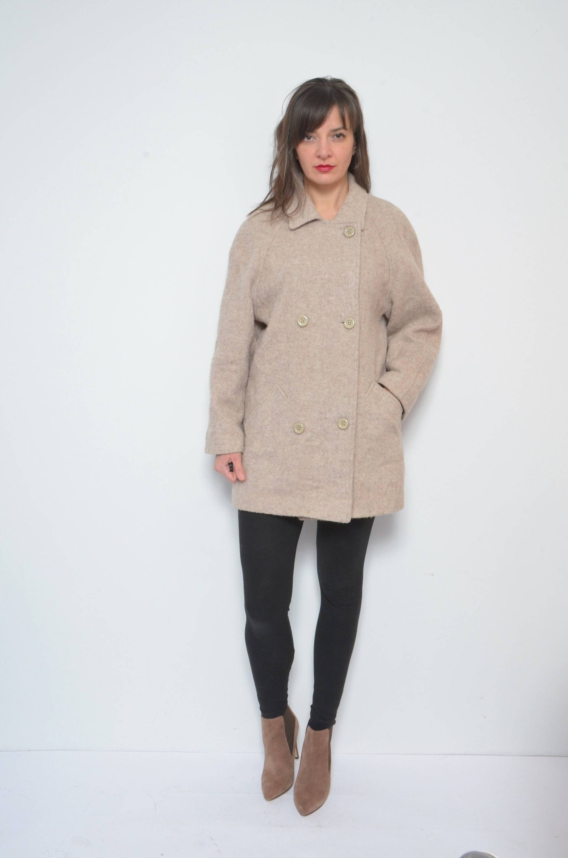 80Er Jahre Wollmantel/Vintage Gestreifte Tweed Kurze Winterjacke Mit Taschen von MikseStudio