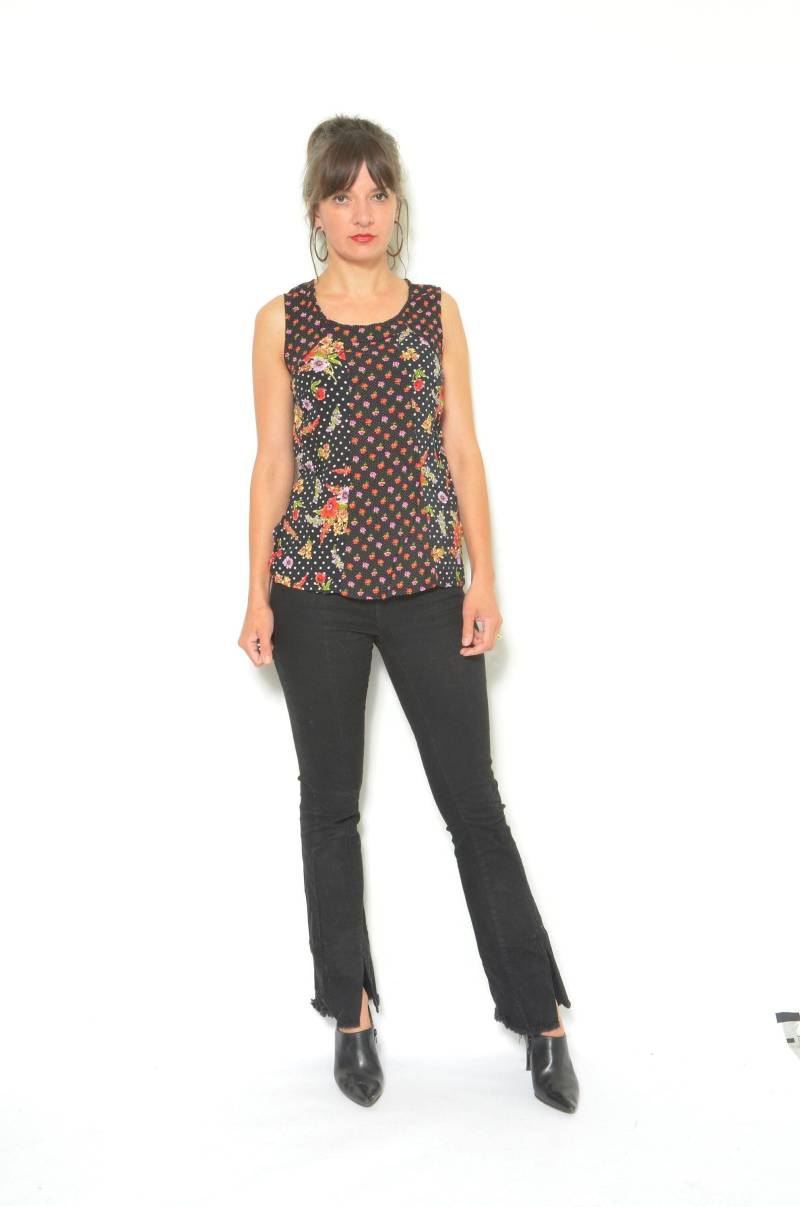 90Er Jahre Floral Polka Dot Bluse/Vintage Ärmellos 1990Er Buntes Sommer Top Größe Large von MikseStudio