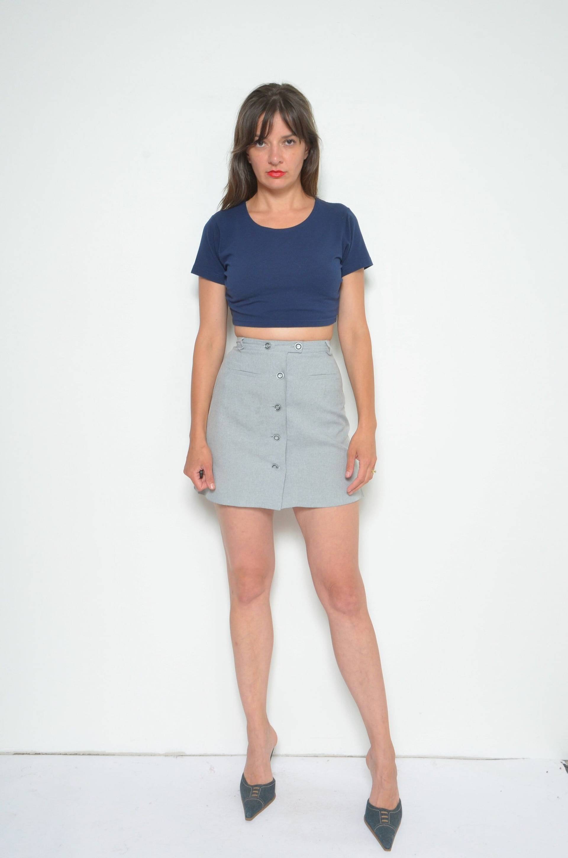 90Er Jahre Mini Rock Mit Knöpfen High Waist Hellgrau Kurzer von MikseStudio