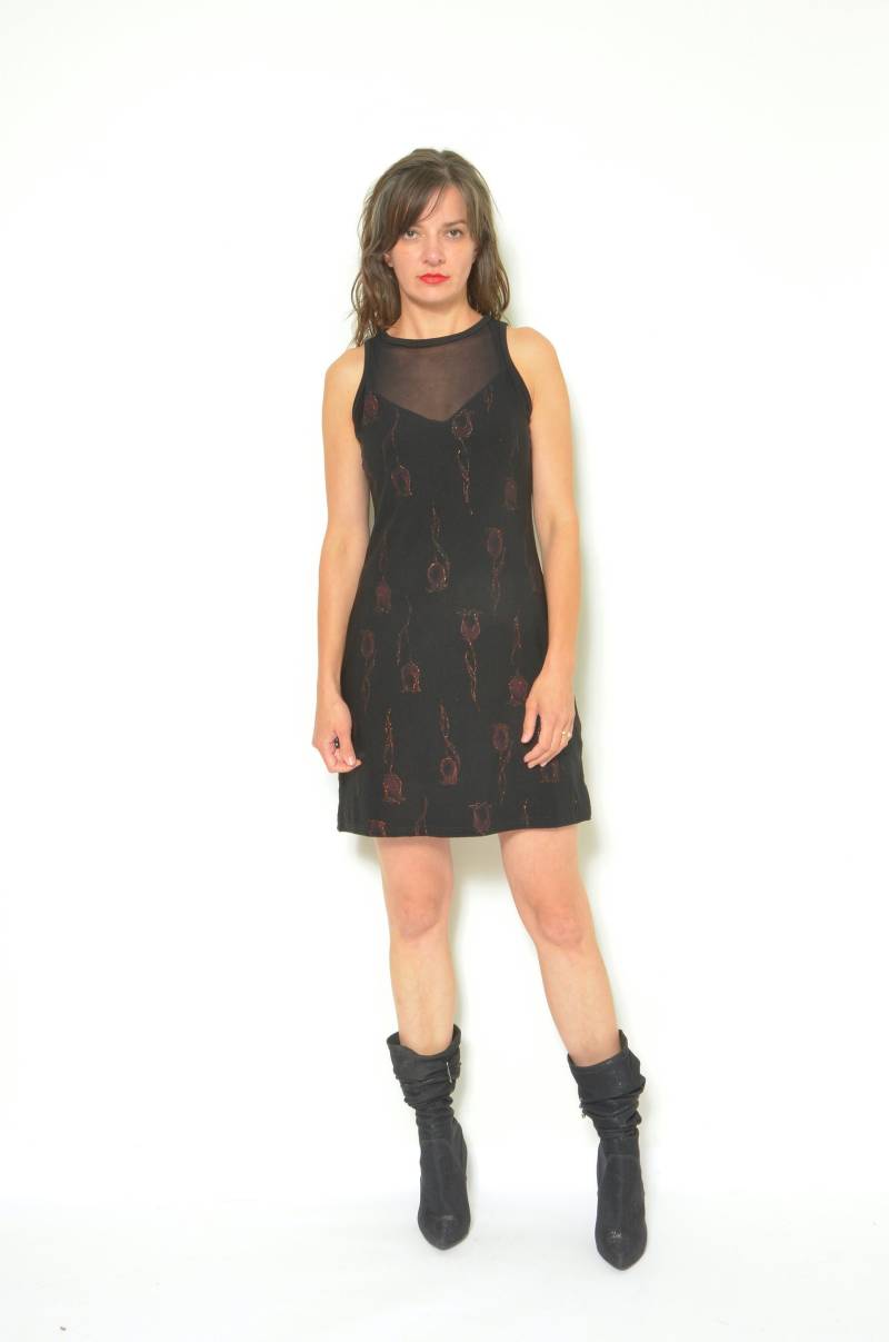 90Er Jahre Netz Blumen Kleid Vintage Ärmellos Sparkling Print Mini Enges von MikseStudio