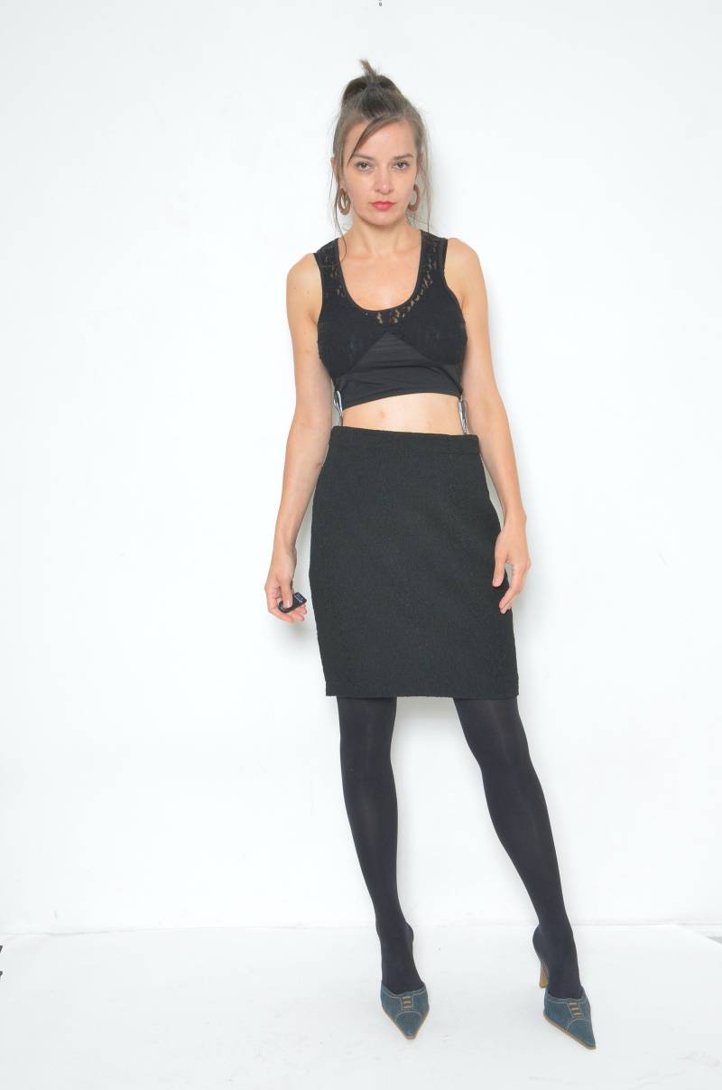 90Er Jahre Schwarzer Stretch Rock/Vintage Strukturierter Komma Hohe Taille Enger - Größe Medium Large von MikseStudio